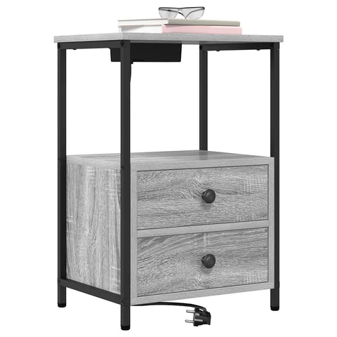 vidaXL Bedside Cabinet with Charging Station 2 pcs Grey sonoma