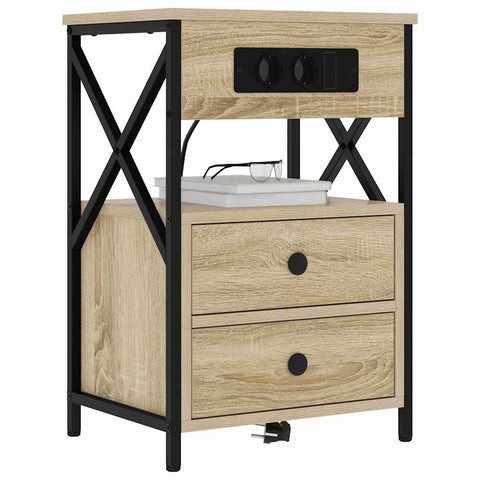 vidaXL Bedside Cabinet with Charging Station with Drawer Sonoma Oak