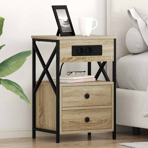 vidaXL Bedside Cabinet with Charging Station 2 pcs Sonoma Oak