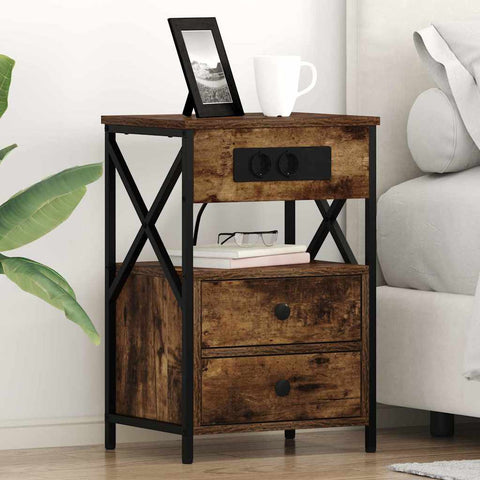vidaXL Bedside Cabinet with Charging Station 2 pcs Smoked Oak