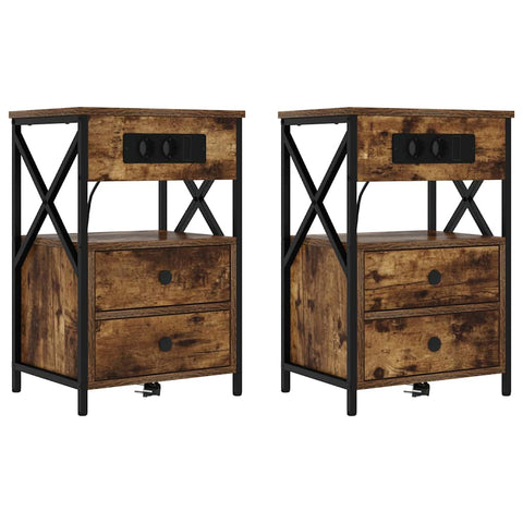 vidaXL Bedside Cabinet with Charging Station 2 pcs Smoked Oak