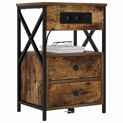 vidaXL Bedside Cabinet with Charging Station 2 pcs Smoked Oak