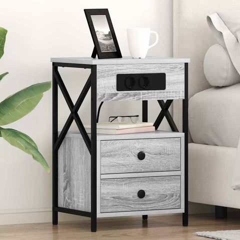 vidaXL Bedside Cabinet with Charging Station 2 pcs Grey sonoma