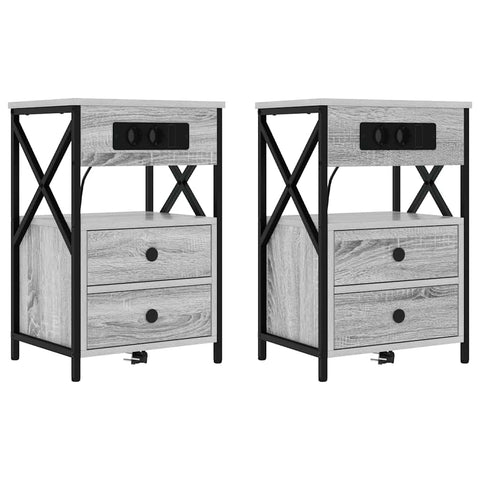 vidaXL Bedside Cabinet with Charging Station 2 pcs Grey sonoma