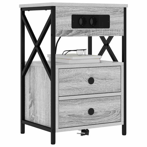vidaXL Bedside Cabinet with Charging Station 2 pcs Grey sonoma
