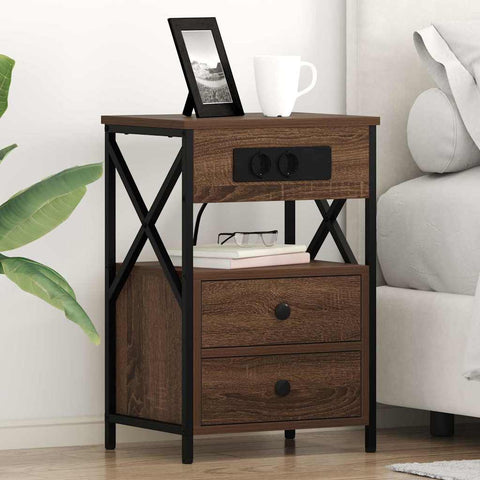 vidaXL Bedside Cabinet with Charging Station Brown Oak 40 x 31 x 60 cm