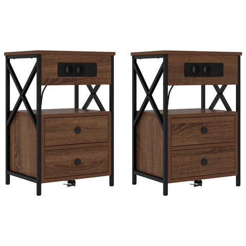 vidaXL Bedside Cabinet with Charging Station 2 pcs Brown Oak