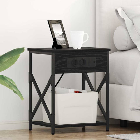 vidaXL Bedside Cabinet with Charging Station Black oak 41 x 31 x 51 cm