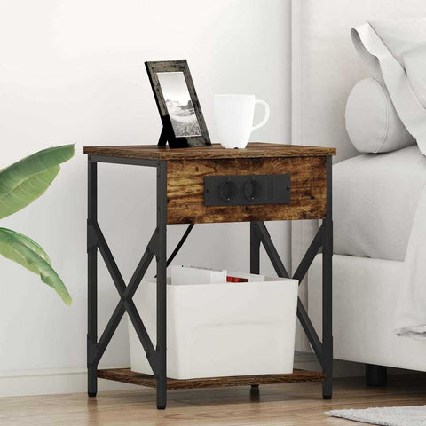 vidaXL Bedside Cabinet with Charging Station Smoked oak