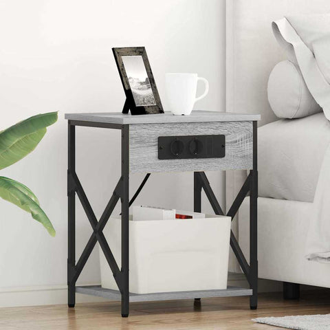 vidaXL Bedside Cabinet with Charging Station Grey sonoma