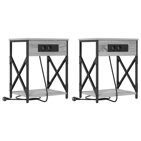 vidaXL Bedside Cabinet with Charging Station 2 pcs Grey sonoma