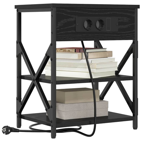vidaXL Bedside Cabinet with Charging Station Black oak Engineered Wood