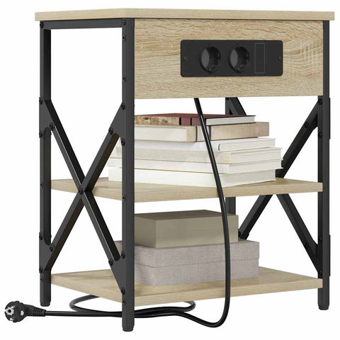 vidaXL Bedside Cabinet with Charging Station with Shelf Sonoma oak