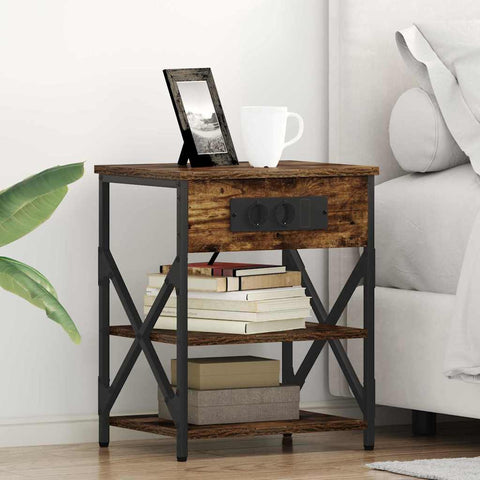 vidaXL Bedside Cabinet with Charging Station with Shelf Smoked oak