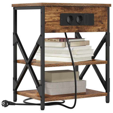 vidaXL Bedside Cabinet with Charging Station with Shelf Smoked oak