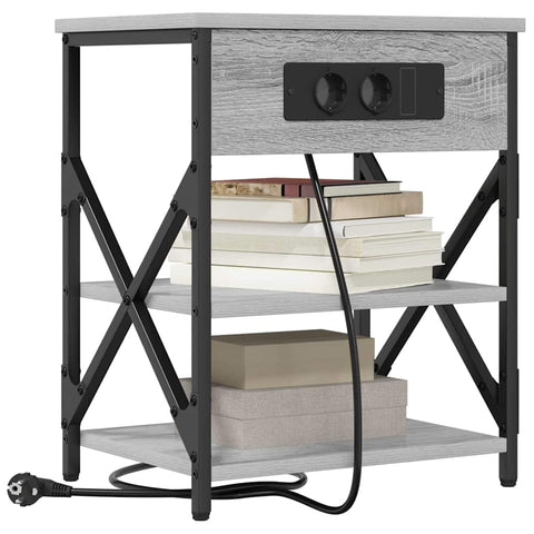 vidaXL Bedside Cabinet with Charging Station with Shelf Grey sonoma