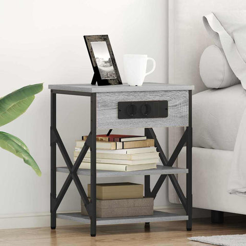 vidaXL Bedside Cabinet with Charging Station with Shelf Grey sonoma