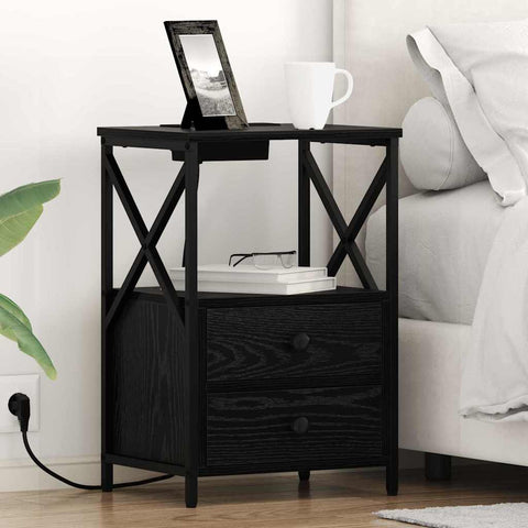 vidaXL Bedside Cabinet with Charging Station Black oak Engineered Wood