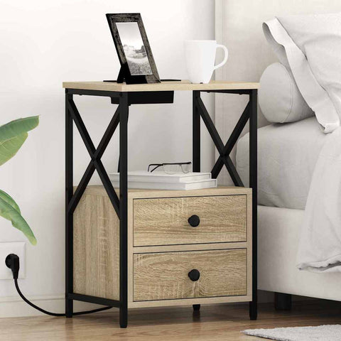 vidaXL Bedside Cabinet with Charging Station with Drawer Sonoma oak