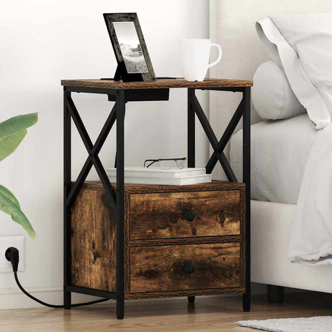 vidaXL Bedside Cabinet with Charging Station with Drawer Smoked oak
