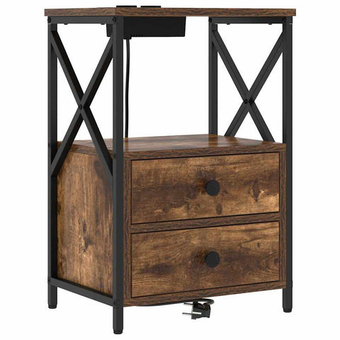 vidaXL Bedside Cabinet with Charging Station with Drawer Smoked oak
