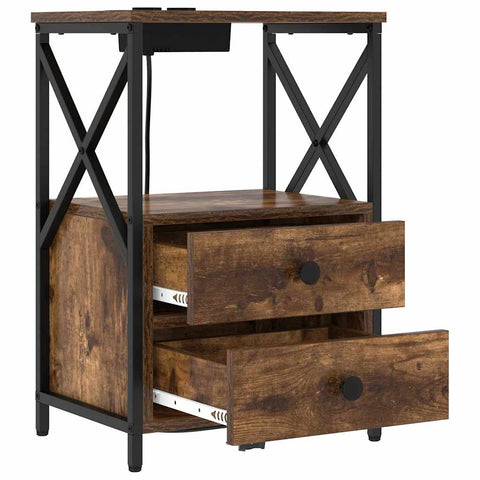 vidaXL Bedside Cabinet with Charging Station with Drawer Smoked oak