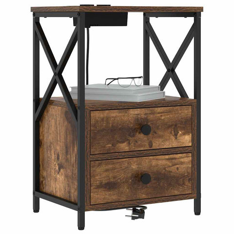 vidaXL Bedside Cabinet with Charging Station with Drawer Smoked oak