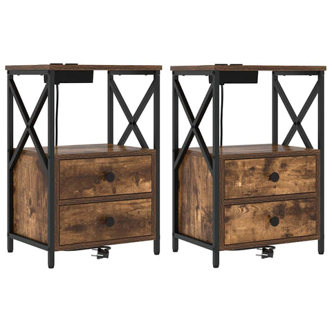 vidaXL Bedside Cabinet with Charging Station 2 pcs Smoked oak