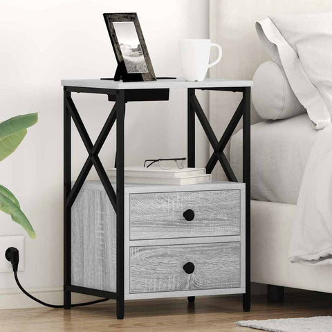 vidaXL Bedside Cabinet with Charging Station with Drawer Grey sonoma