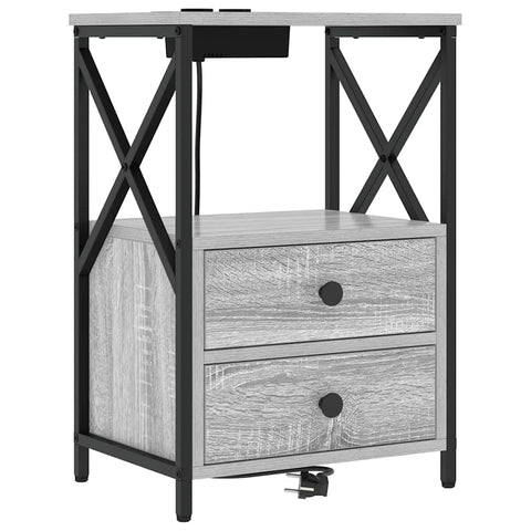 vidaXL Bedside Cabinet with Charging Station with Drawer Grey sonoma