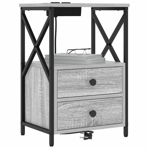 vidaXL Bedside Cabinet with Charging Station with Drawer Grey sonoma