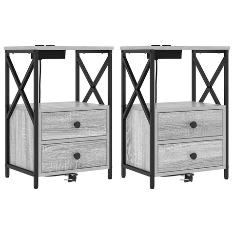 vidaXL Bedside Cabinet with Charging Station 2 pcs Grey sonoma
