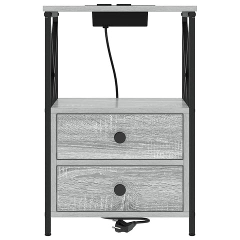 vidaXL Bedside Cabinet with Charging Station with Drawer Grey sonoma