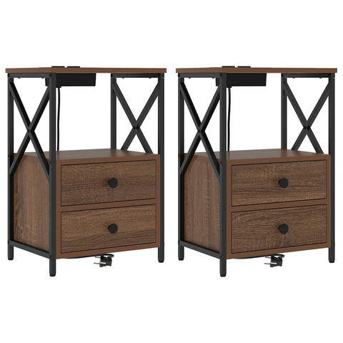 vidaXL Bedside Cabinet with Charging Station 2 pcs Brown oak