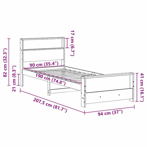 vidaXL Bed Frame with Headboard Wax brown 90 x 190 cm Solid pine wood