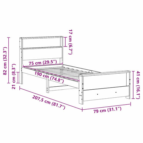 vidaXL Bed Frame with Headboard White 75 x 190 cm Solid pine wood