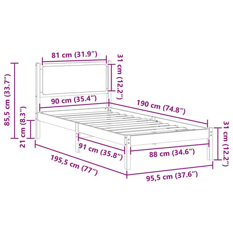 vidaXL Bed Frame with Headboard Light Grey 90 x 190 cm Solid Pine Wood