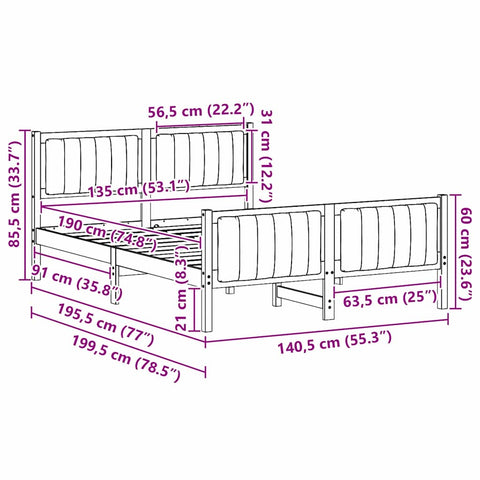 vidaXL Bed frame Brown and taupe 135 x 190 cm Solid pine wood