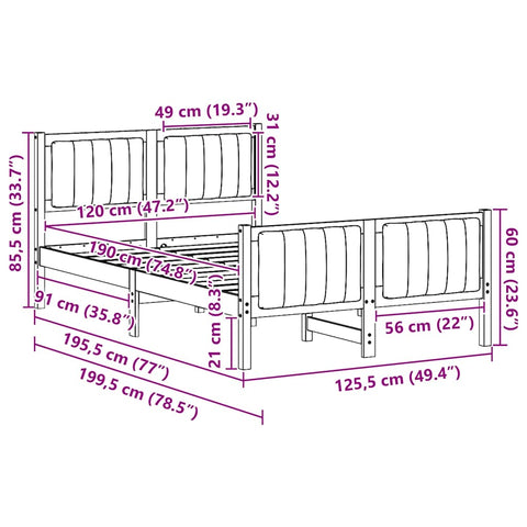 vidaXL Bed frame Brown and black 120 x 190 cm Solid pine wood