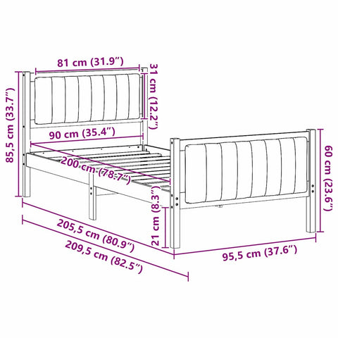 vidaXL Bed frame Brown and light grey 90 x 200 cm Solid pine wood