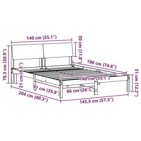 vidaXL Bed frame Brown and dark grey 140 x 190 cm Solid pine wood
