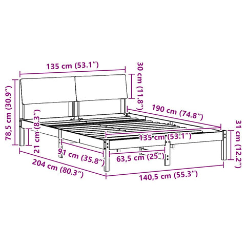 vidaXL Bed frame Brown and black 135 x 190 cm Solid pine wood