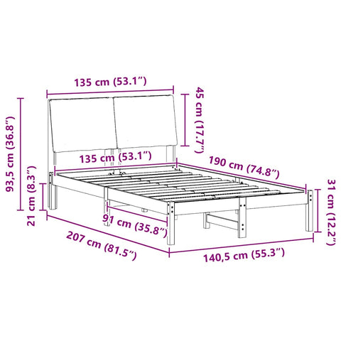 vidaXL Bed frame Brown and dark grey 135 x 190 cm Solid pine wood