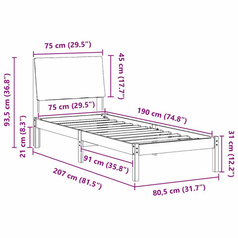 vidaXL Bed frame Brown and light grey 75 x 190 cm Solid pine wood