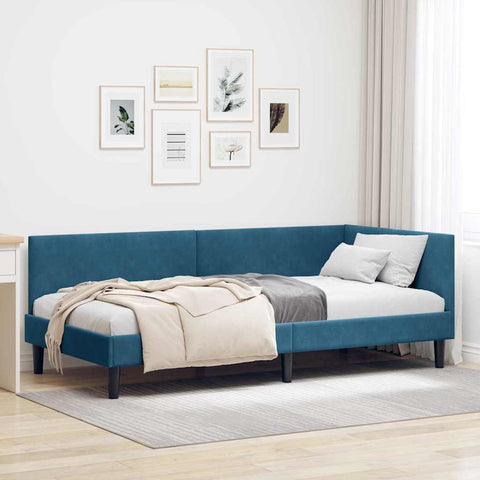 vidaXL Corner Bed Frame Blue 100 x 200 cm Velvet and Engineered wood
