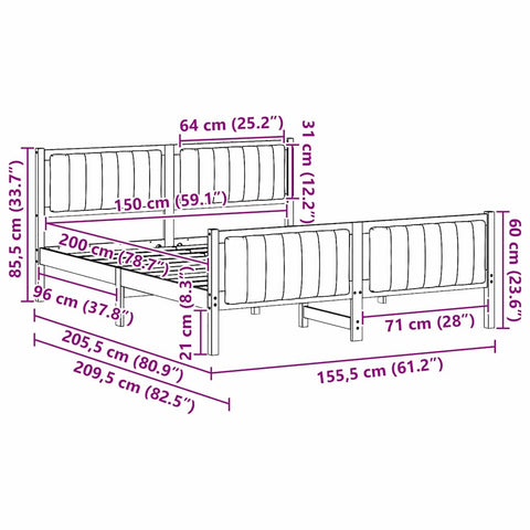 vidaXL Bed frame Brown and taupe 150 x 200 cm Solid pine wood