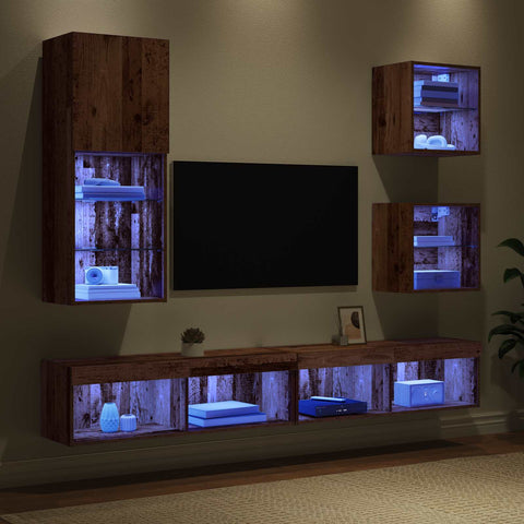 TV Wall Units with LED Wall-mounted 5 pcs Old Wood Engineered Wood