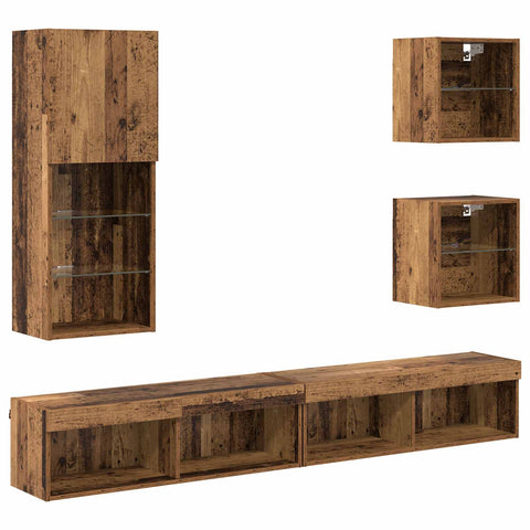 TV Wall Units with LED Wall-mounted 5 pcs Old Wood Engineered Wood