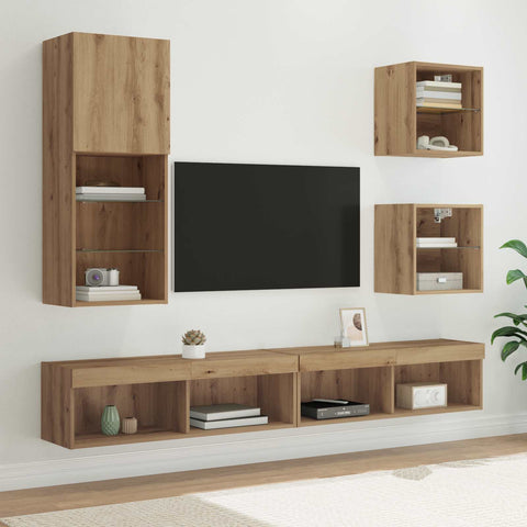TV Wall Units with LED Wall-mounted 5 pcs Artisan Oak Engineered Wood