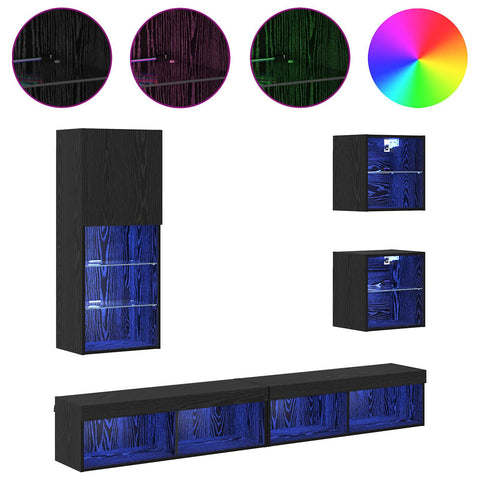 TV Wall Units with LED Wall-mounted 5 pcs Black Oak Engineered Wood